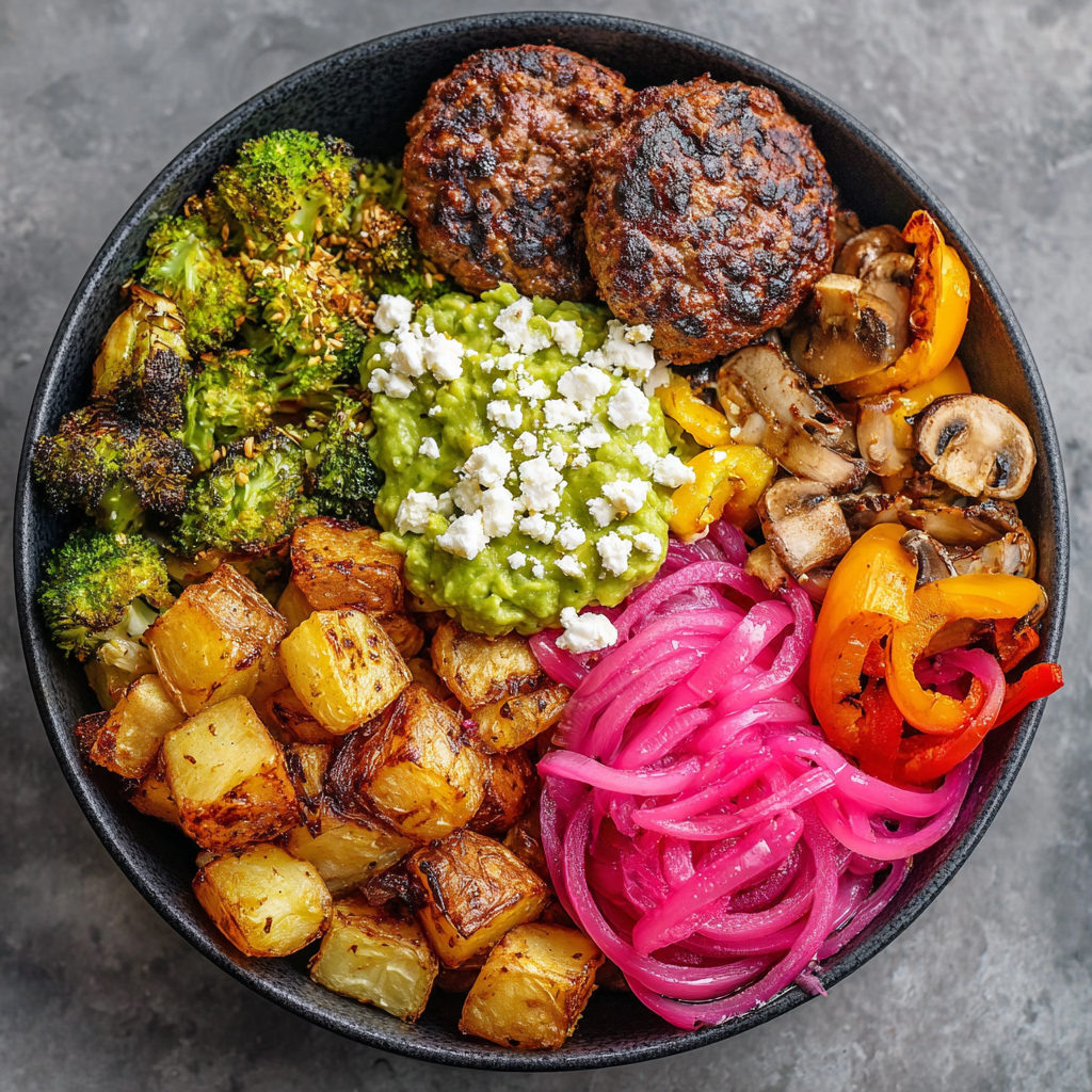 Burger Bowl with Roasted Potatoes & Veggies
