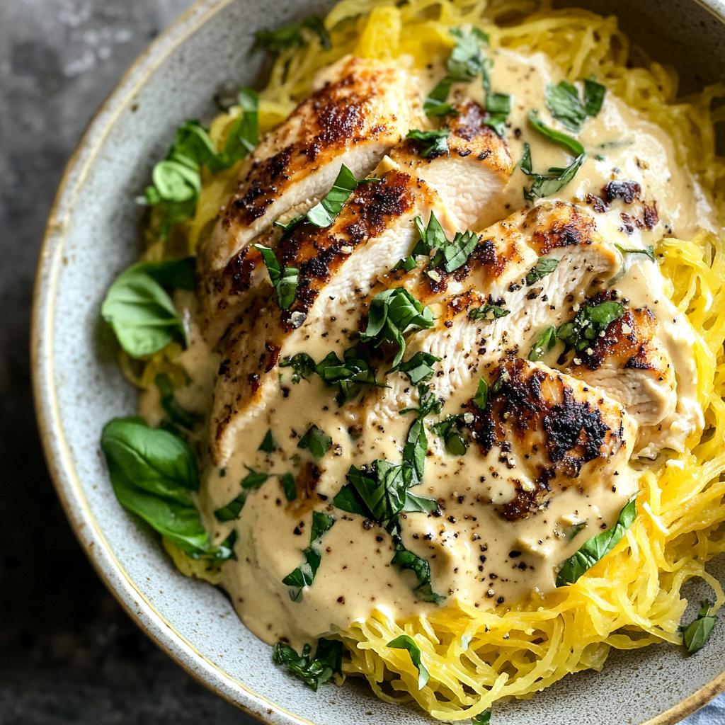 Paleo Chicken Alfredo with Spaghetti Squash
