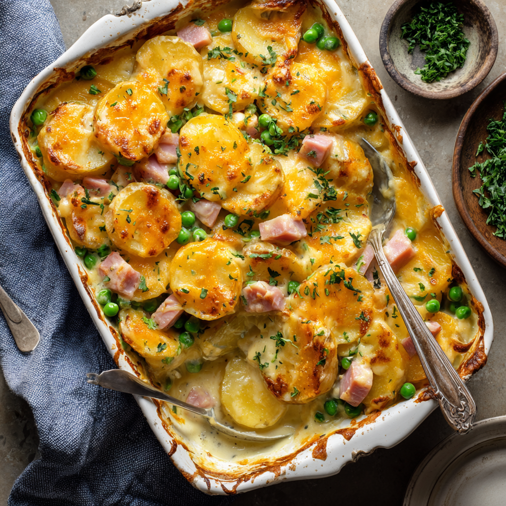Cheesy Scalloped Potatoes with Ham & Peas
