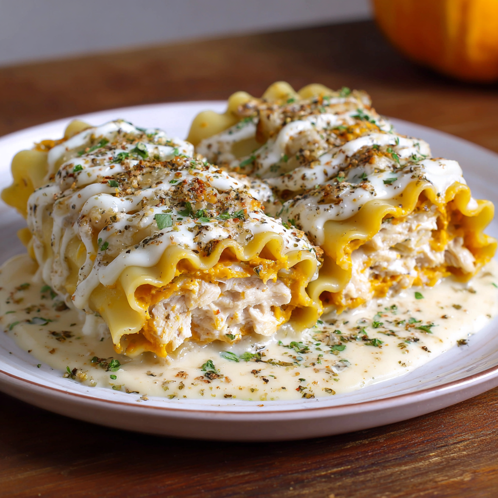 Savory Pumpkin Alfredo Chicken Lasagna Roll-Ups