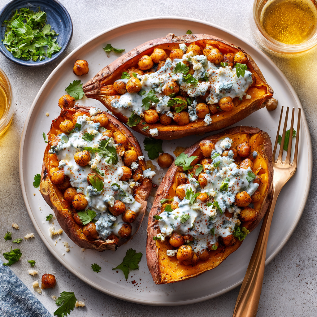 Chickpea-Stuffed Sweet Potatoes with Blue Cheese Sauce