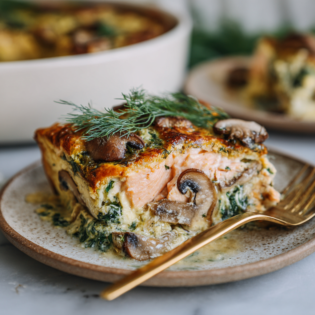 Salmon, Spinach & Mushroom Egg Bake with Fresh Dill