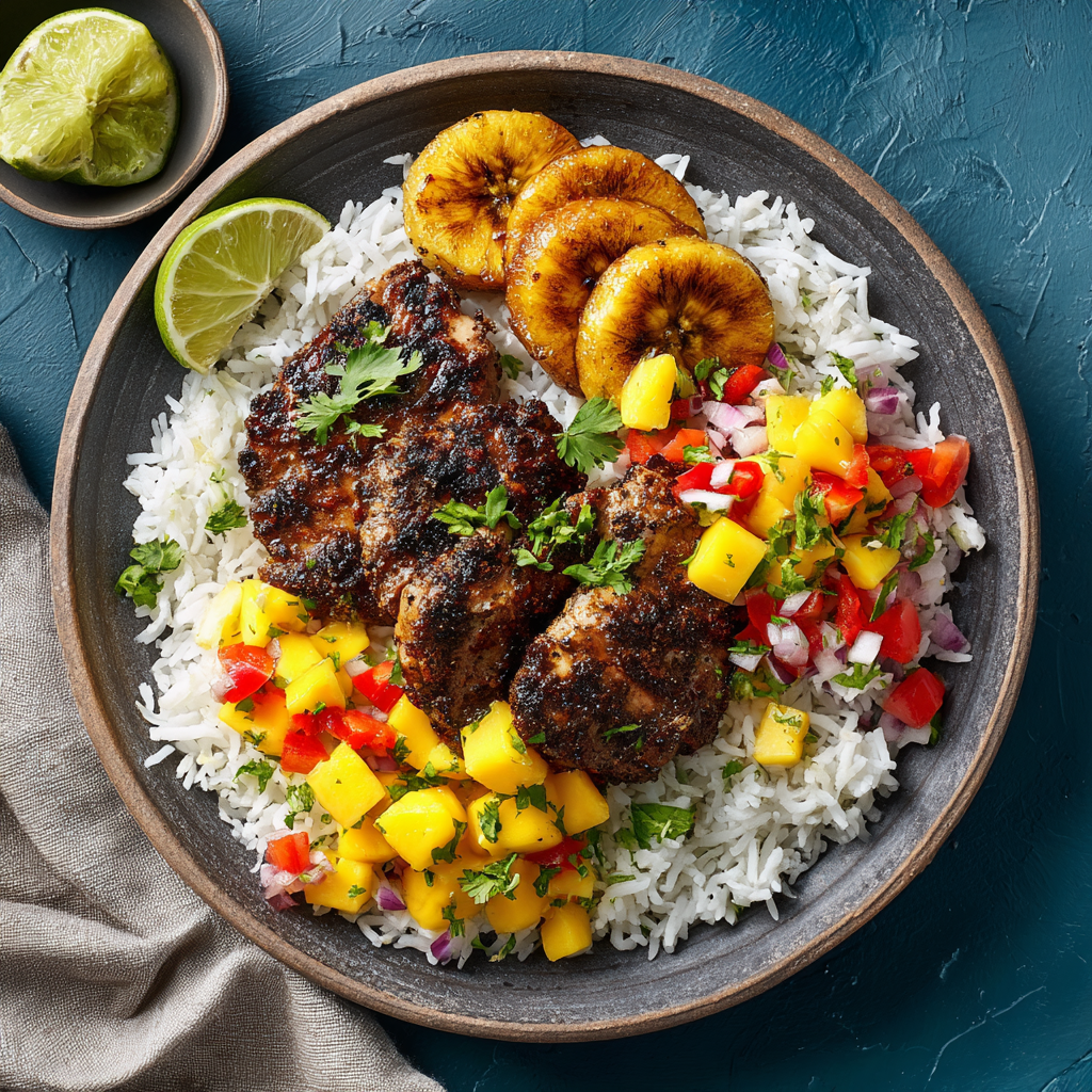 Jerk Chicken with Coconut Rice & Mango Salsa