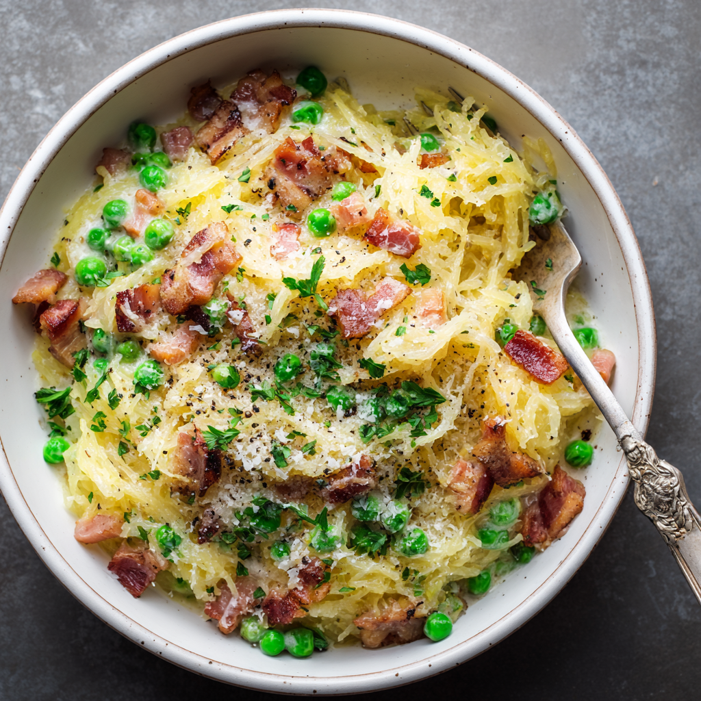 Spaghetti Squash Alfredo with Pancetta & Peas
