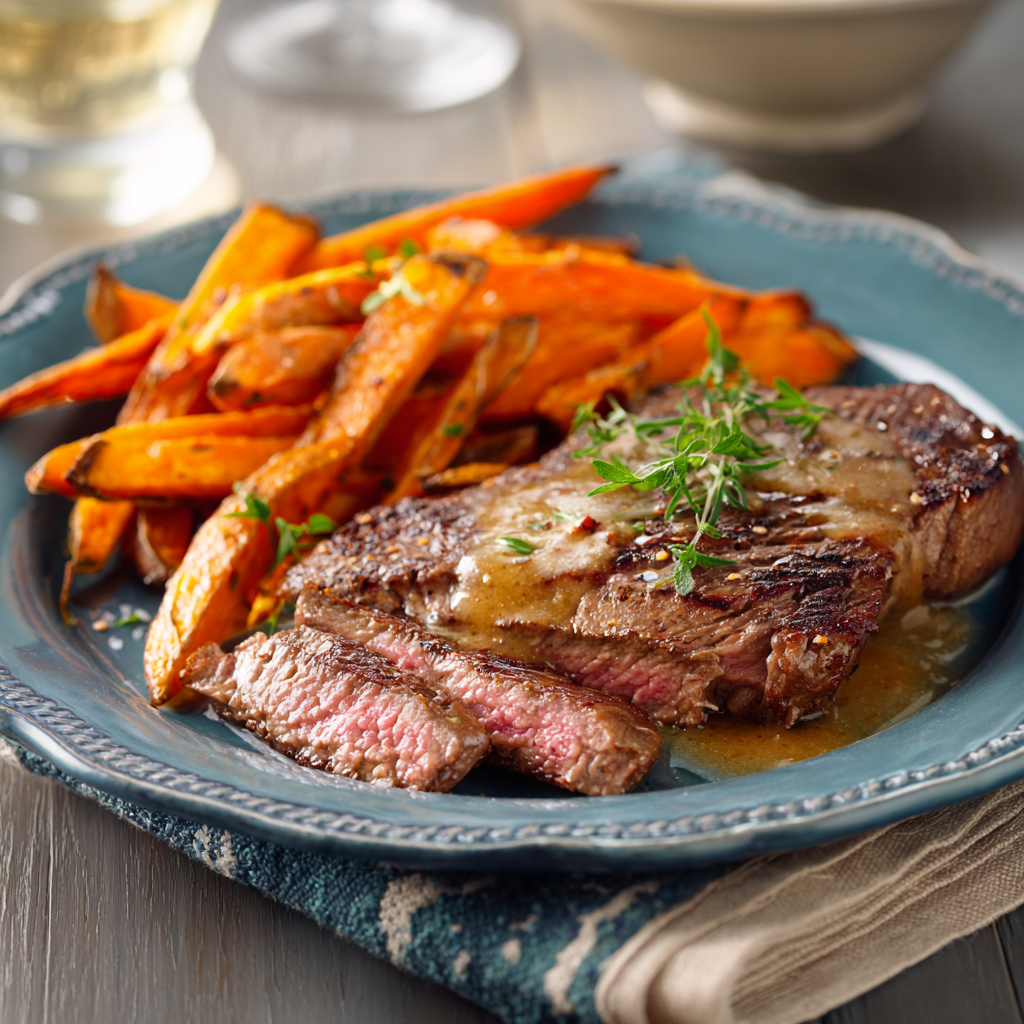 Steak with Lager Sauce & Sweet Potato Fries
