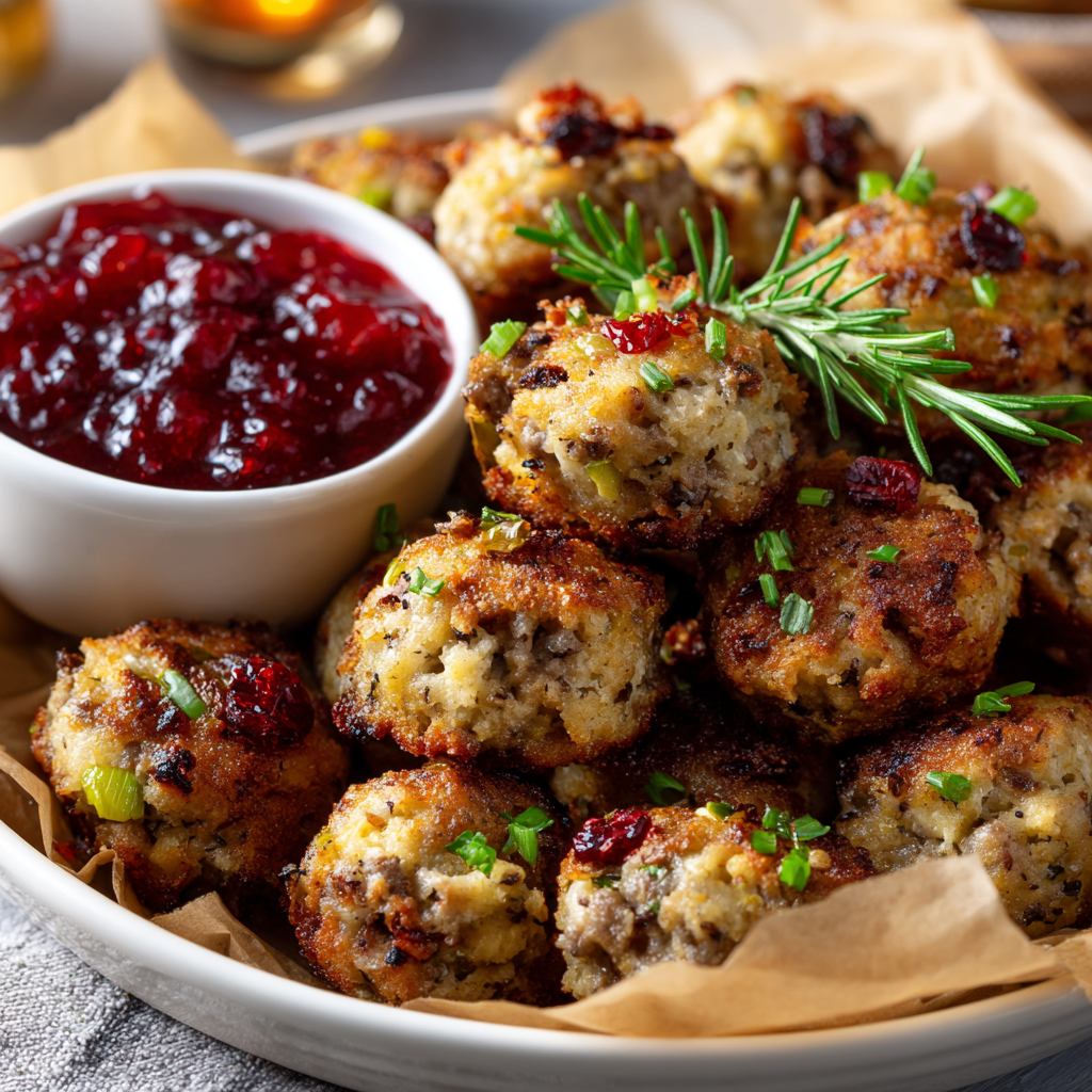 Sausage Stuffing Bites with Cranberry Dijon Sauce