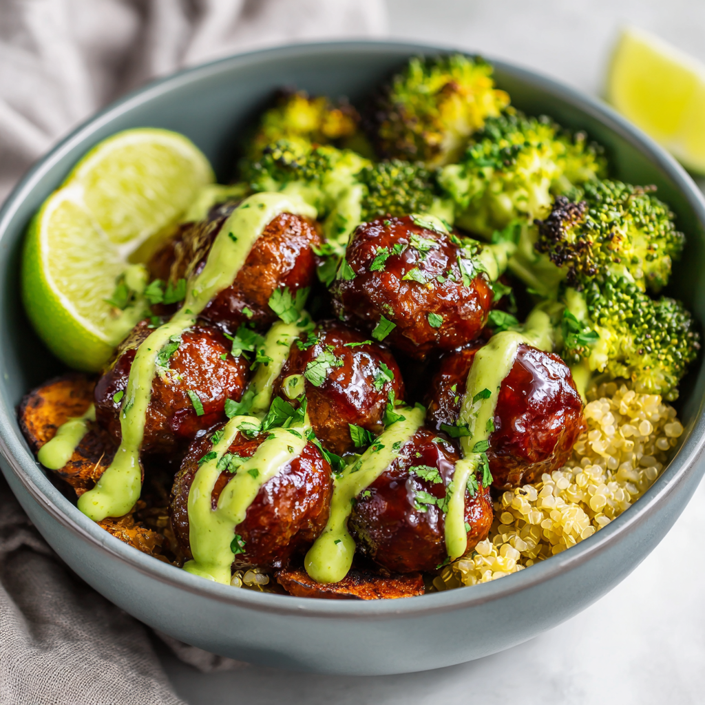 BBQ Meatball Power Bowl with Roasted Veggies & Creamy Green Sauce