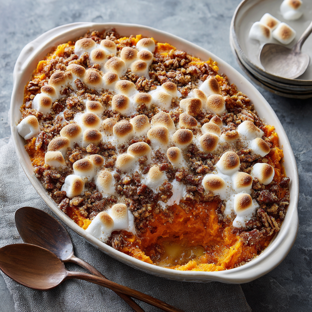 Sweet Potato Casserole with Pecan Crumble & Marshmallow Topping