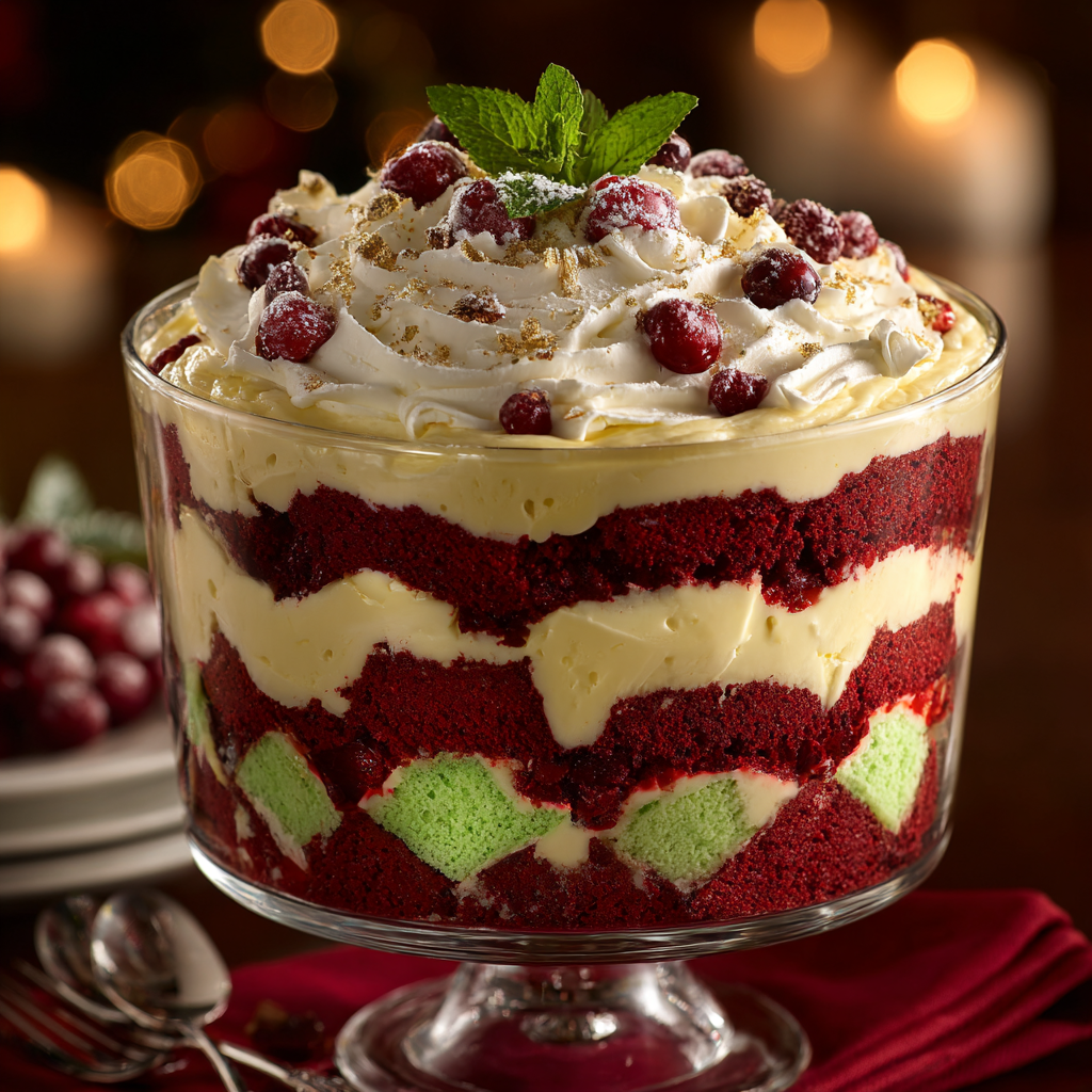 Christmas Trifle with Red Velvet, White Cake & Creamy Cheesecake Filling