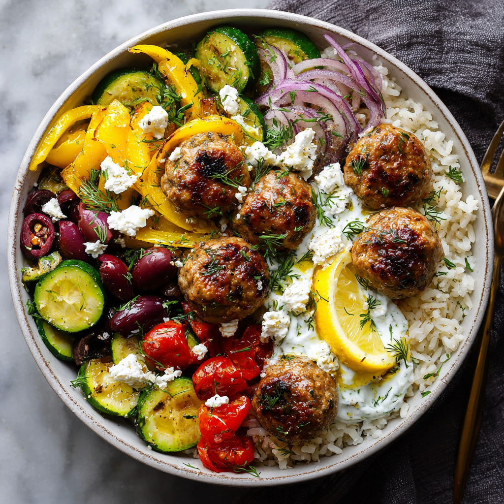 Greek Chicken Meatball Bowls with Lemon Rice : Bright, Fresh & Protein-Packed
