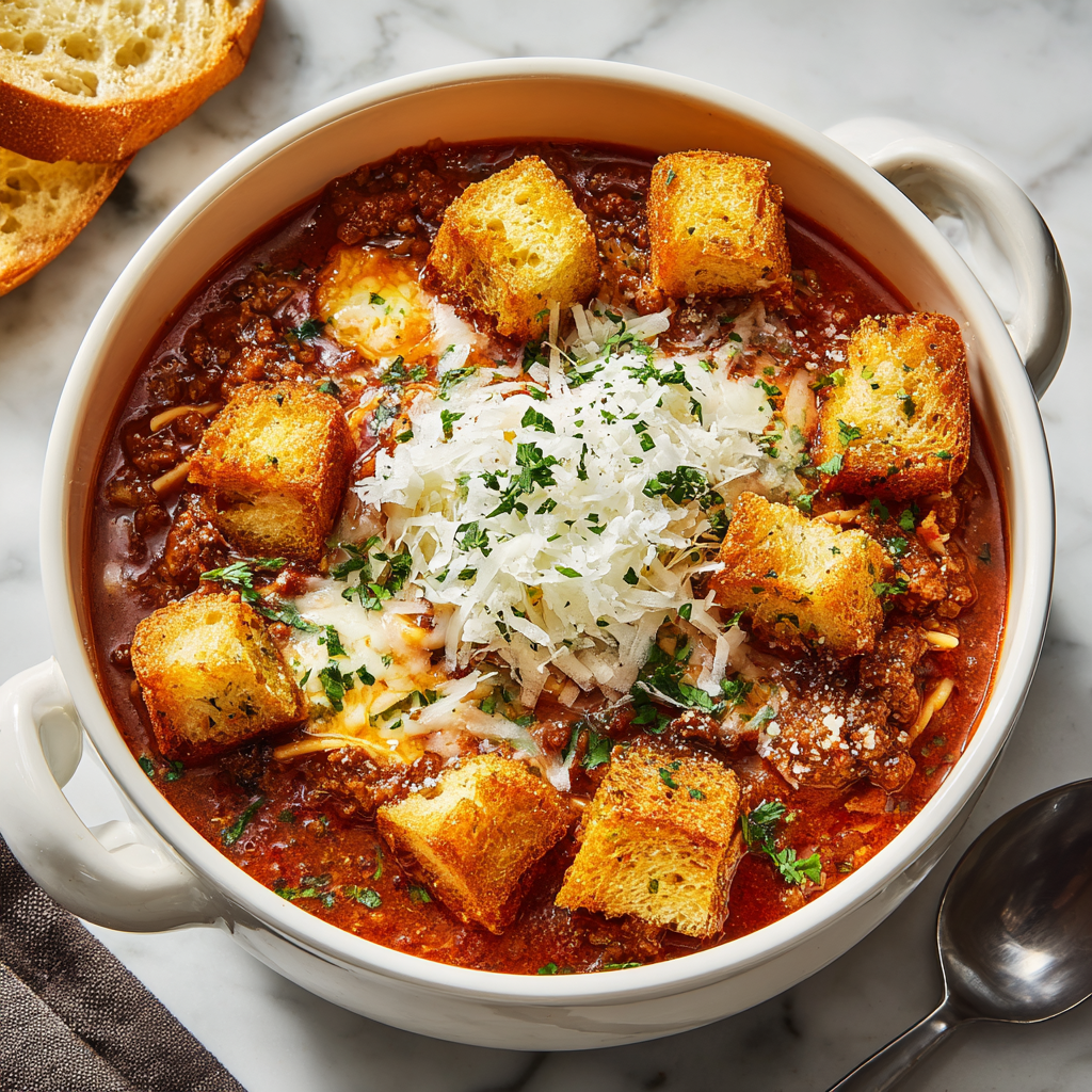 Lasagna Soup with Garlic Bread Croutons : Comfort Food Meets Crunch