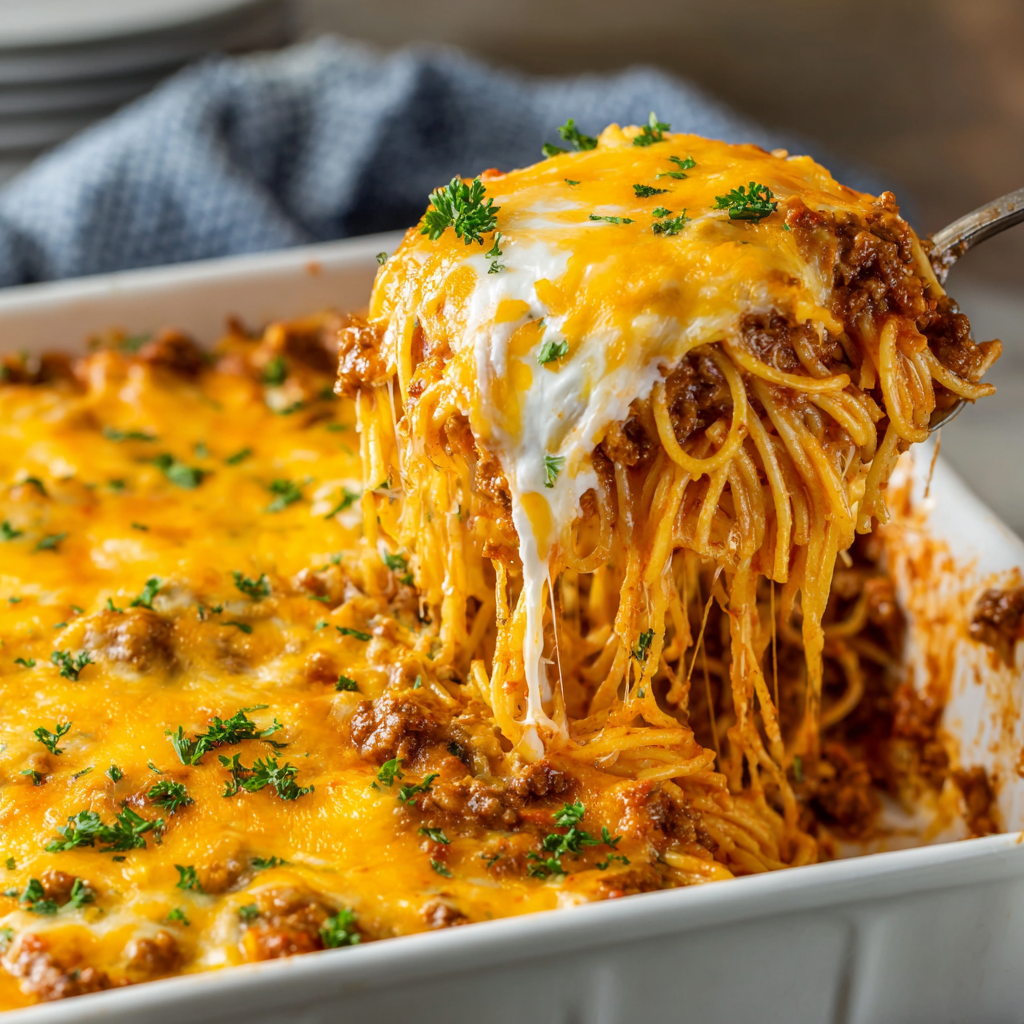 Million Dollar Spaghetti Bake with Creamy Layers & Cheddar Crust