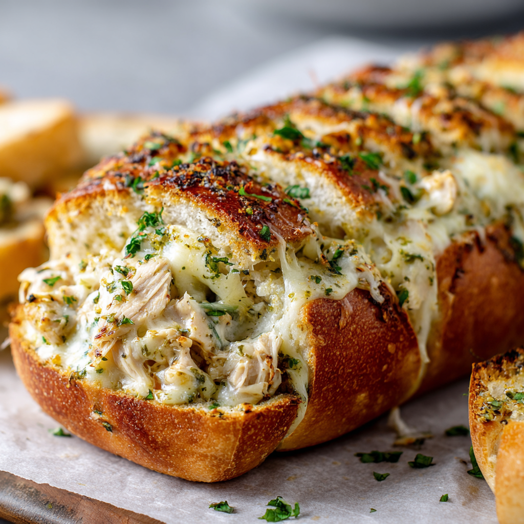 Pesto Chicken Stuffed Garlic Bread : Cheesy, Savory, and Totally Addictive