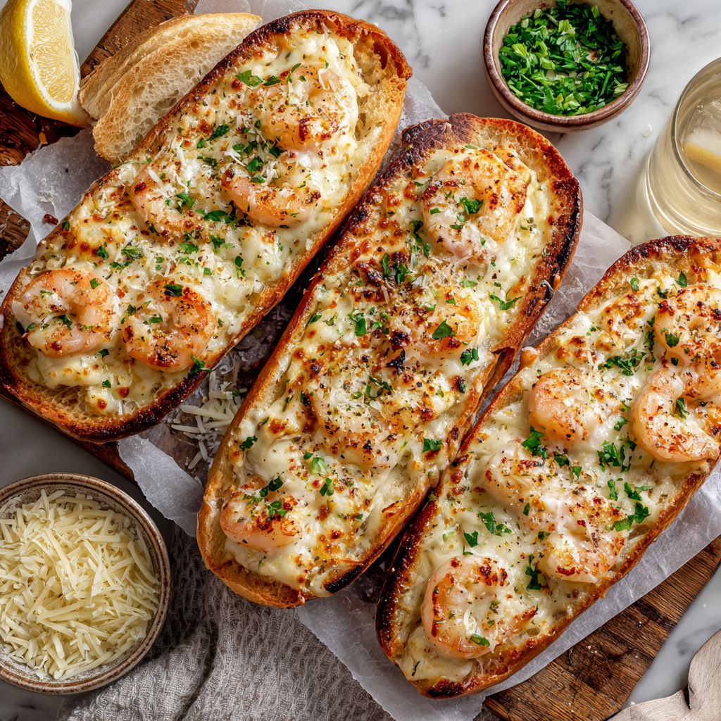 Shrimp Alfredo Garlic Bread Boats : Cheesy, Golden & Comfort Food Goals