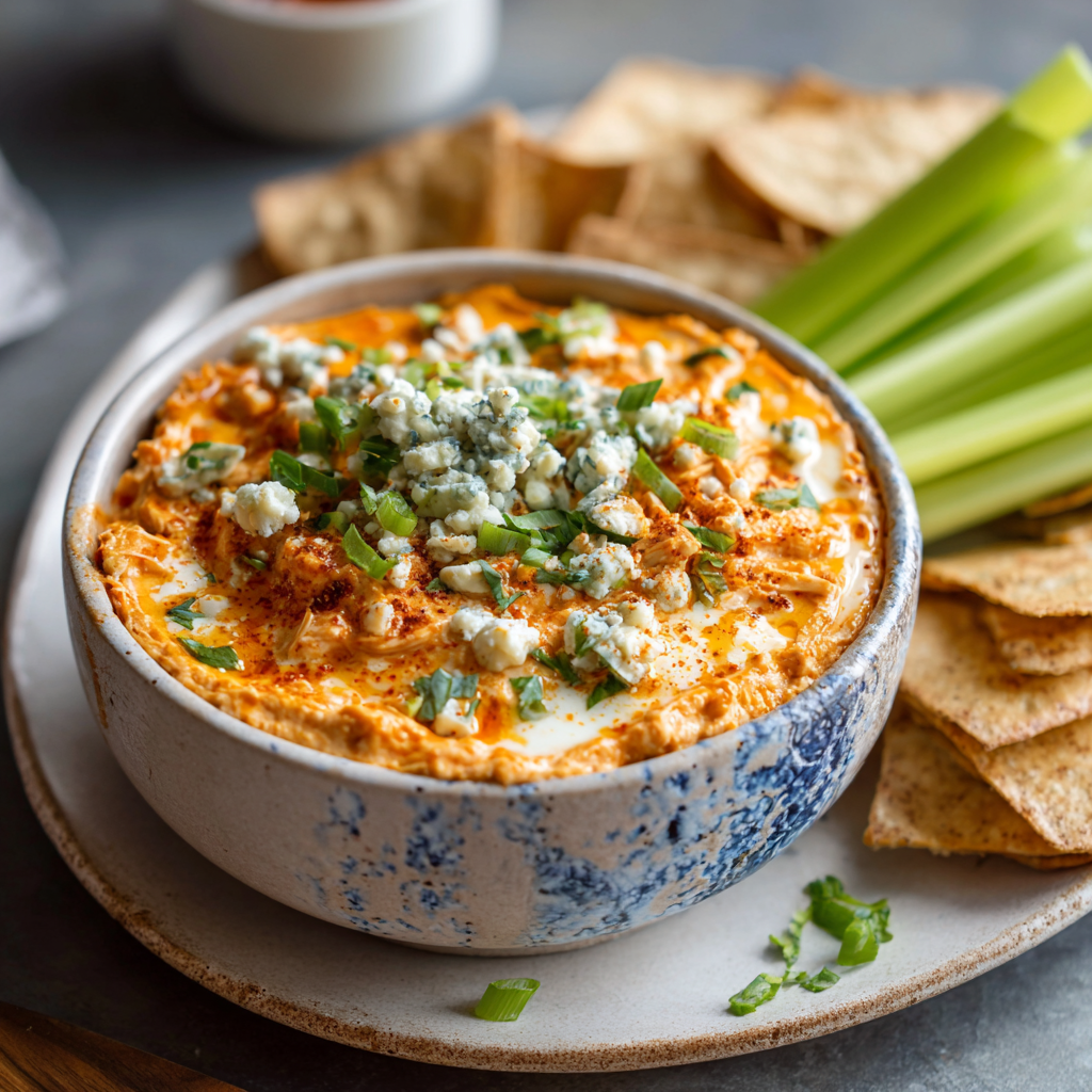 5-Ingredient Buffalo Chicken Baked Hummus Dip