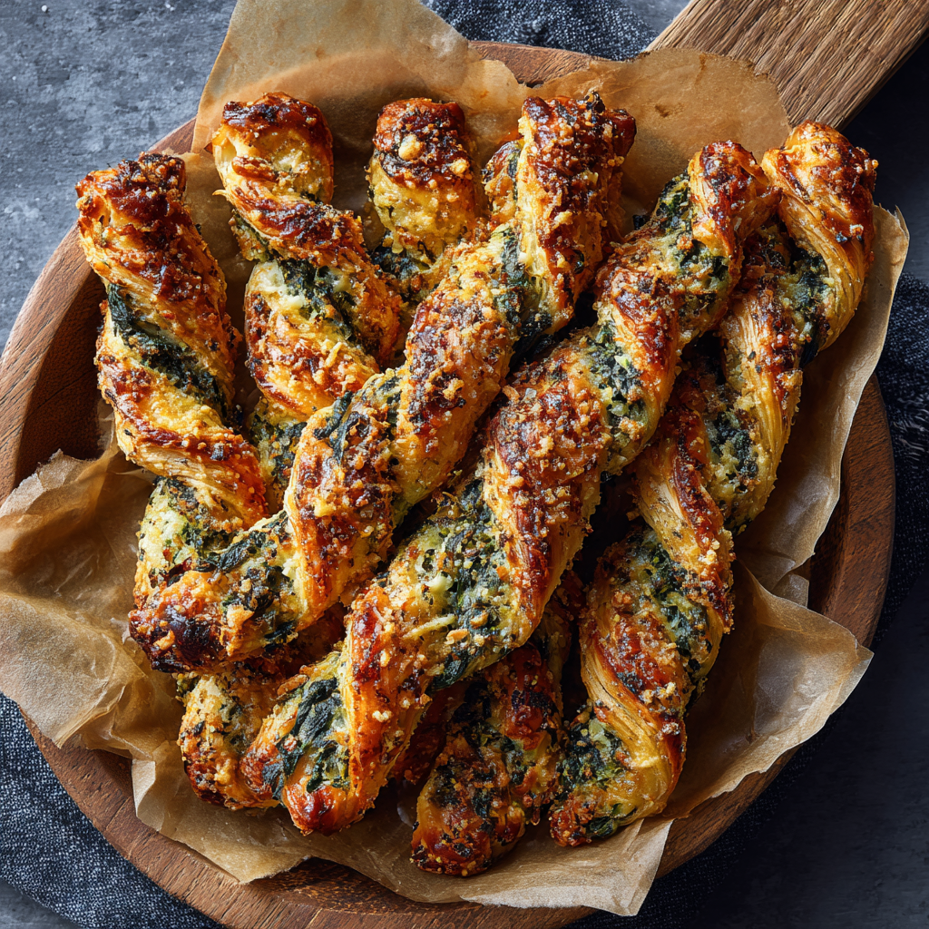 Flaky Parmesan and Spinach Puff Pastry Twists