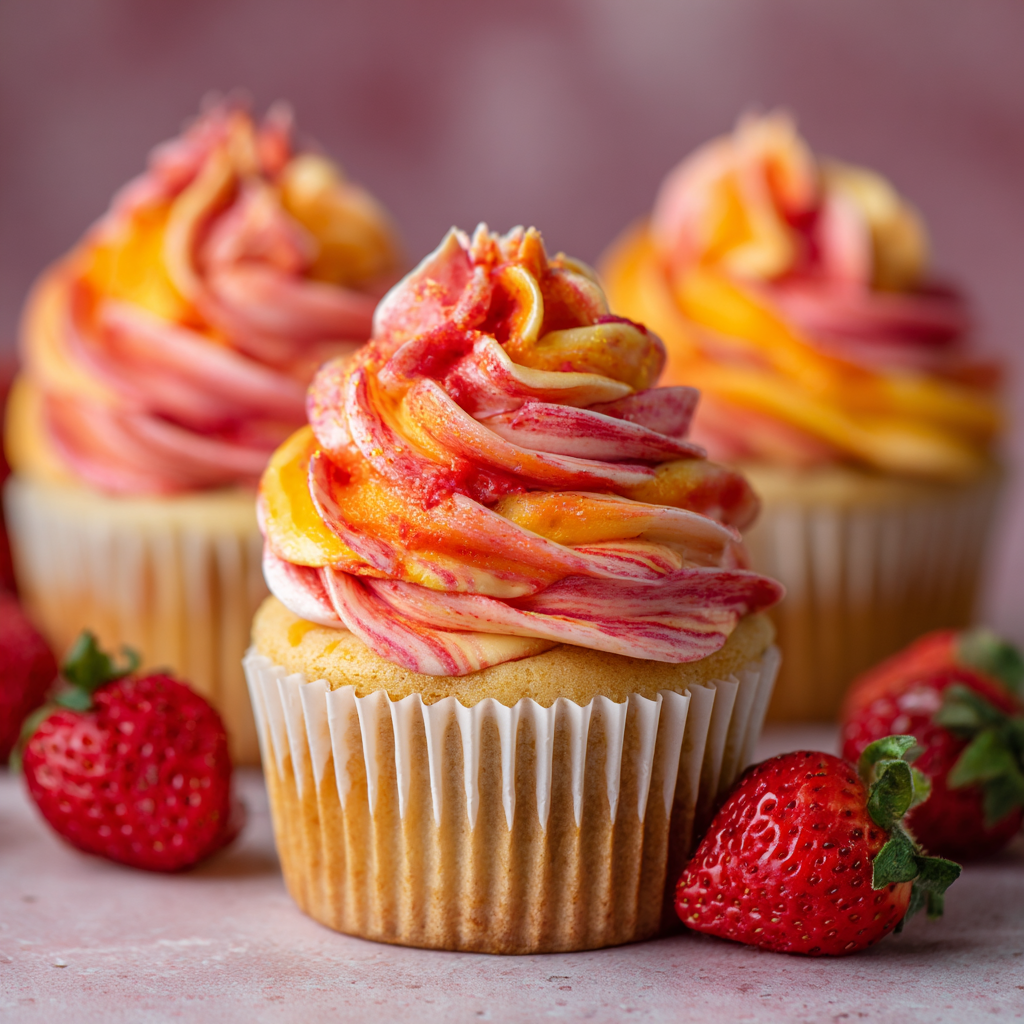 Mango Strawberry Sunset Cupcakes : Fruity Swirl Cupcakes with Creamy Frosting