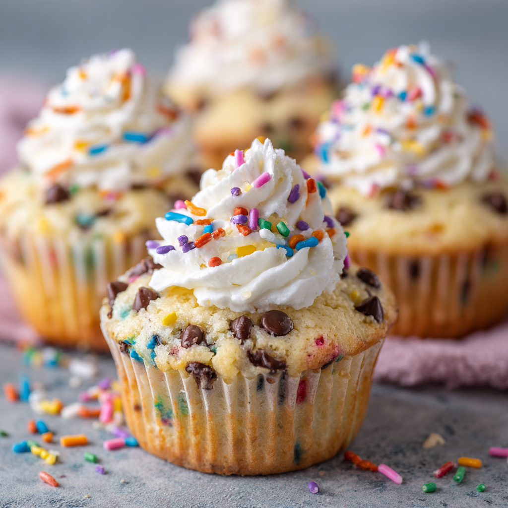 Birthday Cake Chocolate Chip Muffins : Funfetti-Inspired Treats with Whipped Cream Topping