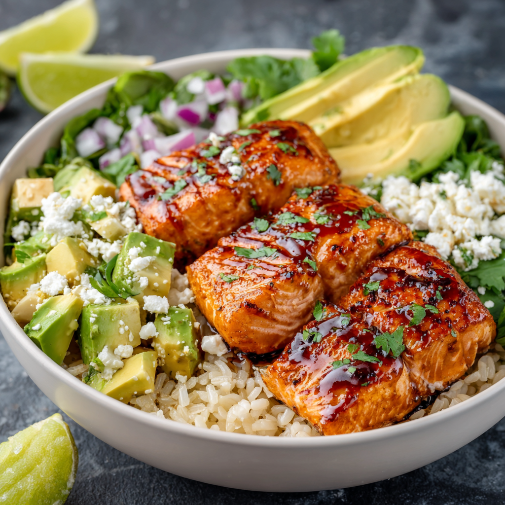 Chipotle Glazed Salmon Bowl with Avocado Feta Salad : Smoky, Fresh & Packed with Flavor