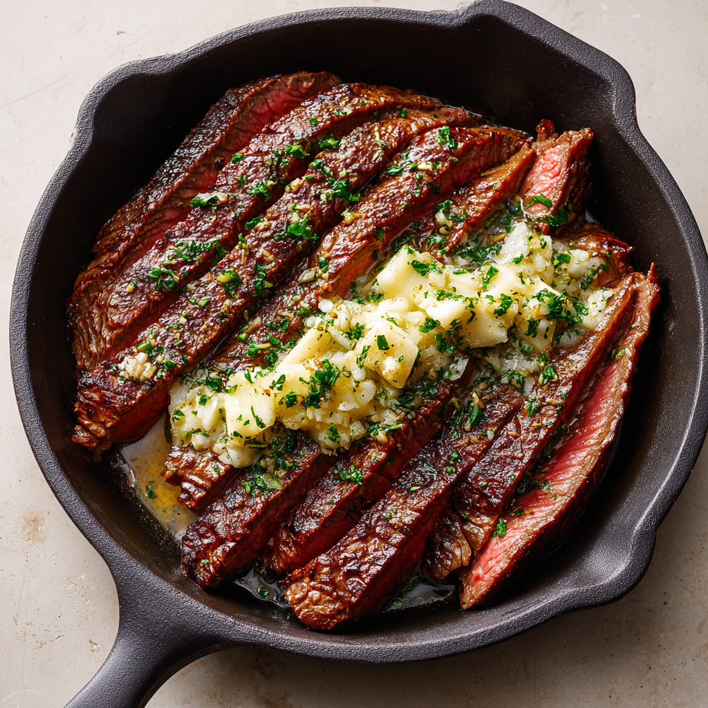 Easy Cast Iron Flank Steak with Garlic Butter Sauce