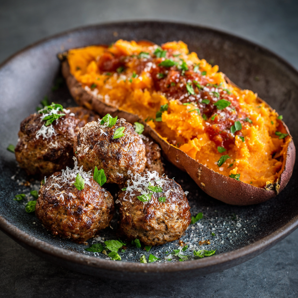 Italian Meatballs with Baked Japanese Sweet Potato (Paleo-Inspired Comfort Food)