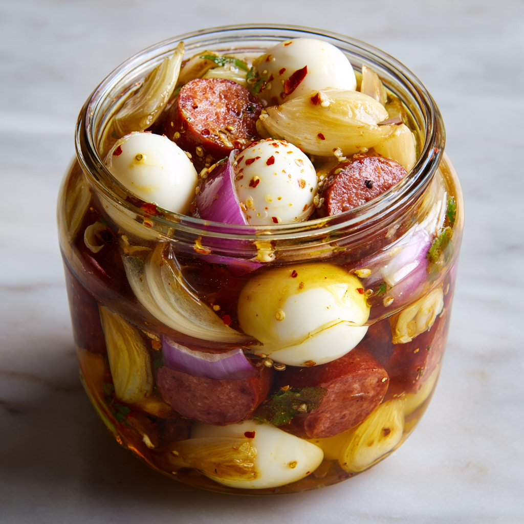 Pickled Eggs, Sausage, and Onions : Tangy, Savory, and Protein-Packed Snack