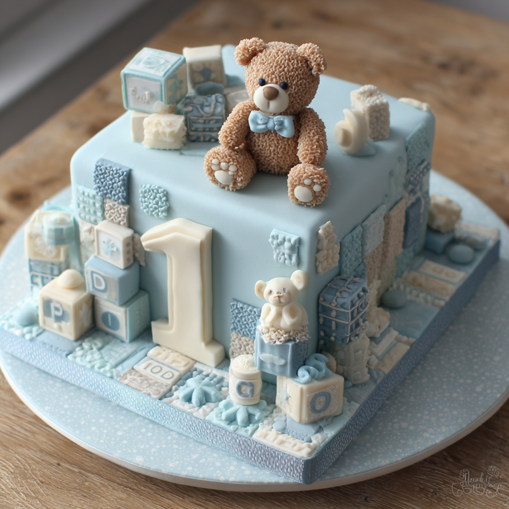 1st Birthday Cake Boy Recipe : Sky Blue Vanilla Cake with Teddy & Blocks Theme