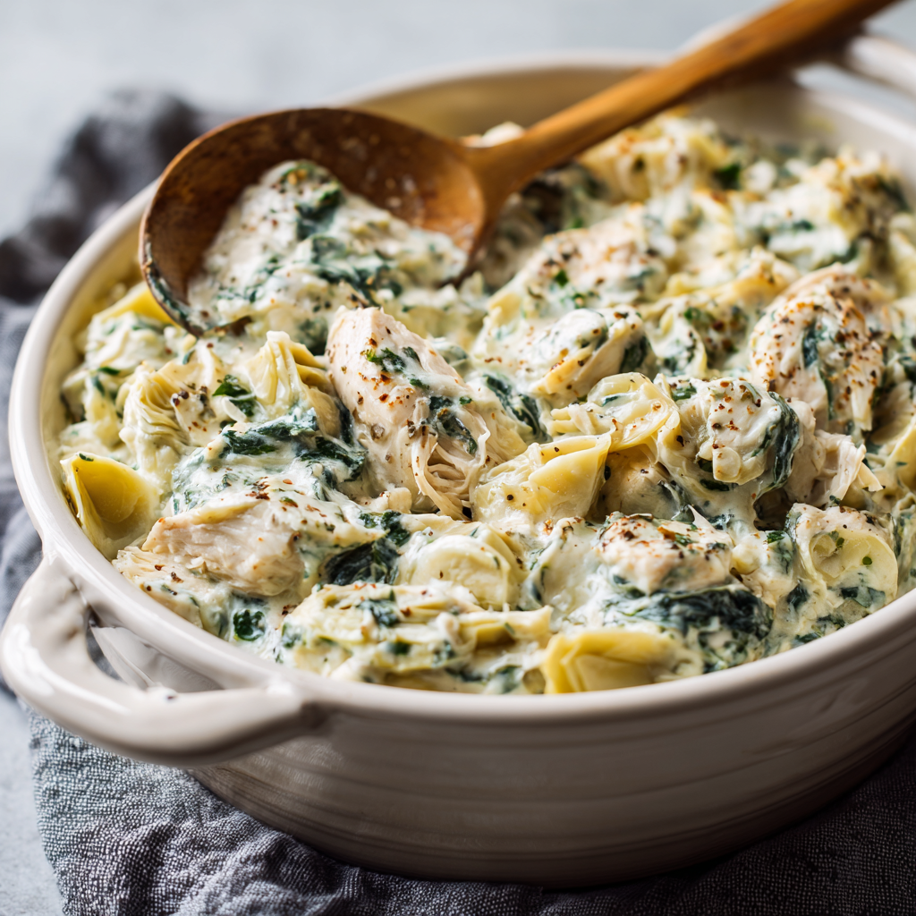 High-Protein Spinach & Artichoke Chicken Casserole : Creamy, Cheesy, Satisfying