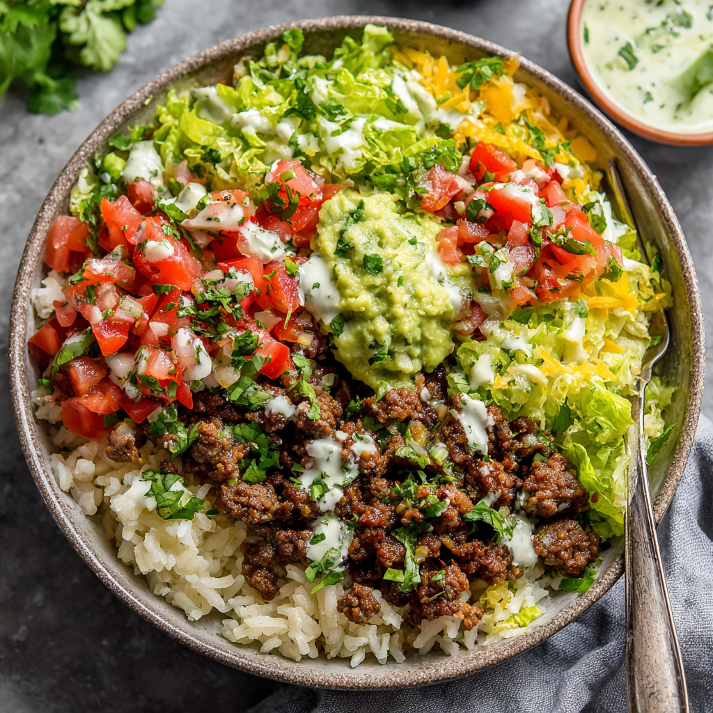 Beef & Guac Burrito Bowl with Cilantro Lime Dressing
