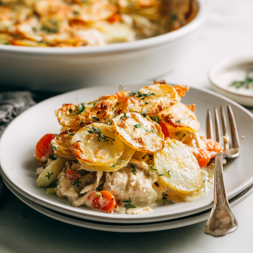Chicken Pot Pie–Style Potato Bake: Creamy Comfort with a Crispy Twist
